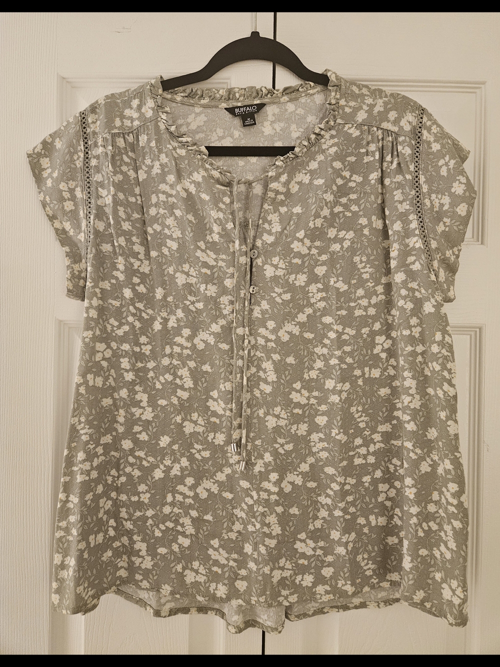 Buffalo David Bitton Light Olive Floral Tie-Neck Blouse